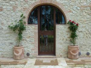 dos jarrones con flores delante de una puerta en Agriturismo La Segolina, en Colle Val D'Elsa