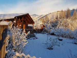 a log cabin with snow on the ground at Posta Nehuen Cabañas in Potrerillos