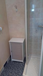 een badkamer met een douche met een witte radiator bij Les Victoriennes in Verdun-sur-Meuse