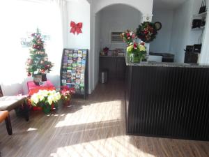 una habitación con dos árboles de Navidad y coronas de Navidad en Budget Inn - Saint Augustine, en St. Augustine