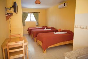 three beds in a room with yellow walls at Kite Beach Inn in Cabarete