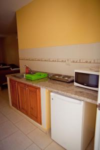 a kitchen with a sink and a microwave at Kite Beach Inn in Cabarete