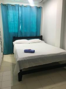 卡塔赫纳Hotel Paseo Bolivar的带蓝色窗帘的房间里的一张床