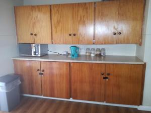 a kitchen with wooden cabinets and a trash can at Paarl Backpackers in Paarl