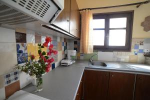 una cocina con un jarrón de flores en el mostrador en Koundouros Vacation Homes, en Koundouros