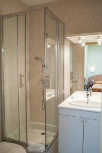 a bathroom with a shower, sink, and toilet at Logis Hôtel Restaurant Lanex Amboise in Amboise