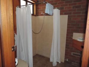 
a bathroom with a shower stall and a toilet at Tooleybuc Country Roads Motor Inn in Tooleybuc
