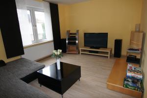 een woonkamer met een bank en een televisie bij Ferienhaus Halbritter Pouch in Pouch
