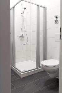 a bathroom with a shower and a toilet at Appartement am Schloss in Gießen
