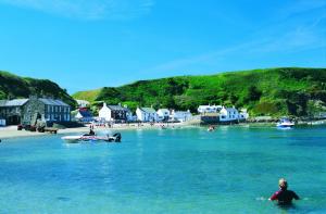 a person in the water near a beach with houses at Cosy Cottage in Edern, Morfa Nefyn, Golf, Near Ty Coch in Ederyn