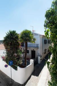 a white building with palm trees in front of it at Casa do Castelo in Santiago do Cacém