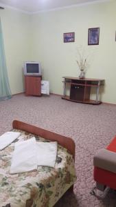 a room with a bed, chair and a television at Hotel Sultanmurat in Almetyevsk