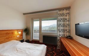 a bedroom with a bed and a flat screen tv at Hotel Duo in Horní Bečva