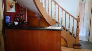 a staircase with a counter with a christmas tree on it at Hostel Flamengo in Rio de Janeiro +17 photos