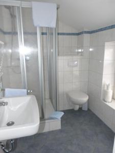 La salle de bains est pourvue de toilettes, d'un lavabo et d'une douche. dans l'établissement Karstens Gasthof, à Nordhastedt
