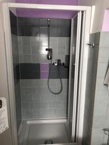 een douche in een badkamer met een glazen deur bij Albergo La Perla in Craveggia