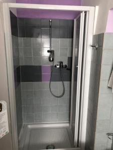 a shower in a bathroom with a glass door at Albergo La Perla in Craveggia