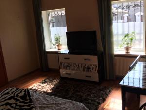una camera da letto con TV su un comò con due finestre di Апартаменты a Izmaïl