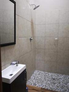 a bathroom with a shower with a sink and a mirror at Angel Guest House in Maputo