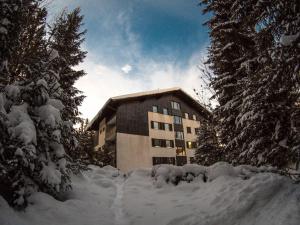 a building with a pile of snow in front of it at Nordwand Apartment in Tauplitz