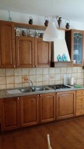 una cucina con armadi in legno, lavandino e piano cottura di Appartamento Isabella a Pistoia