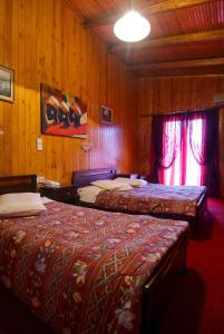 two beds in a room with wooden walls at Hotel Lefas in Delphi