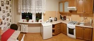 Il comprend une petite cuisine équipée d'un évier et d'une cuisinière. dans l'établissement Apartament Silver, à Kielce