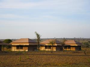 uma fila de grandes edifícios num campo com um campo em Serengeti Wild Camp em Serengeti