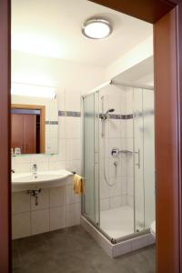 a bathroom with a shower and a sink at Gasthaus-Landhotel Traunstein in Abtenau