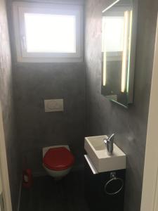 La salle de bains est pourvue de toilettes rouges et d'un lavabo. dans l'établissement Chambre d'hôtes du Guéravet, à Grolley