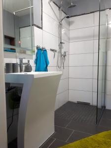 y baño con lavabo blanco y ducha. en Ferienwohnung Talblick, en Eisenach