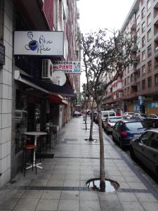 a sidewalk with a tree on a city street at Sweet Home Santander in Santander