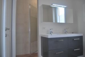 a bathroom with a sink and a mirror and a shower at De Reep in Geraardsbergen +18 photos