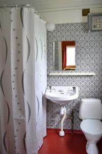 een badkamer met een wastafel, een toilet en een spiegel bij Doro Camp Lapland in Dorotea