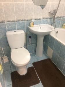 La salle de bains est pourvue de toilettes blanches et d'un lavabo. dans l'établissement проспект металлургов 9, à Kryvy Rih