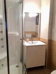 a bathroom with a white sink and a shower at Apartamentos Rurales Flor De Lavanda in Brihuega