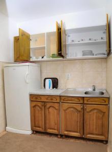 a kitchen with a white refrigerator and a sink at Comfort Inn Apartment 2 in Novi Pazar
