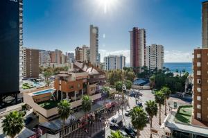 eine Stadt mit Gebäuden und einer Straße mit Palmen in der Unterkunft CarlosV in Benidorm