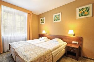 ein Hotelzimmer mit einem großen Bett und einem Fenster in der Unterkunft Centuria Hotel & Natural Spa in Ogrodzieniec