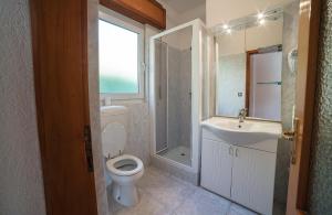 y baño con aseo, lavabo y ducha. en Villa Bellavista en Ledro