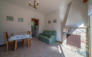 ein Wohnzimmer mit einem Kamin, einem Tisch und einem Stuhl in der Unterkunft Villa Bellavista in Ledro