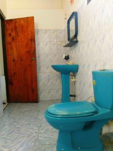 a blue toilet in a bathroom with a wooden door at Sunnys Beach Guest House in Hikkaduwa