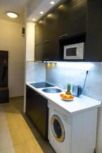 a kitchen with a washing machine and a microwave at Balaton Delux Apartment in Budapest