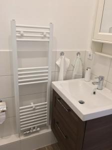 een witte badkamer met een wastafel en een spiegel bij FeWo Gut Ohlhof in Goslar