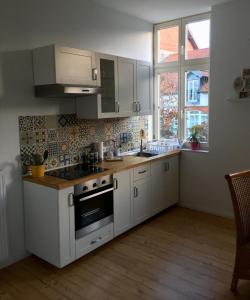 een keuken met witte kasten en een spoelbak bij FeWo Gut Ohlhof in Goslar