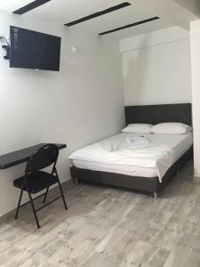 1 dormitorio con cama, escritorio y silla en Hotel Ozzy en Doradal