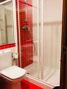 y baño con aseo y ducha con azulejos rojos. en Hotel Viñas 17, en Teruel