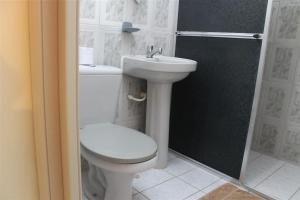 a bathroom with a toilet and a sink and a shower at Pousada da Lenna in Rio das Ostras
