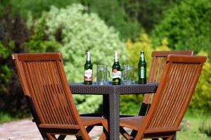 a table with bottles and glasses on top of it at Station House Loft Apartment in Obrataň