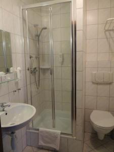 a bathroom with a shower and a toilet and a sink at Grot Hotel in Malbork